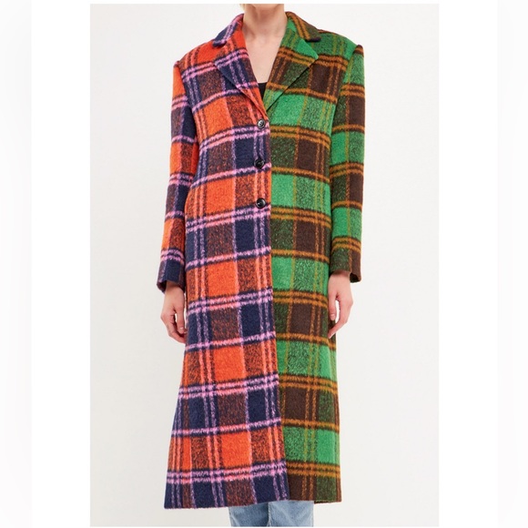 Women's Colorblock Plaid Trench Coat - Picture 1 of 6